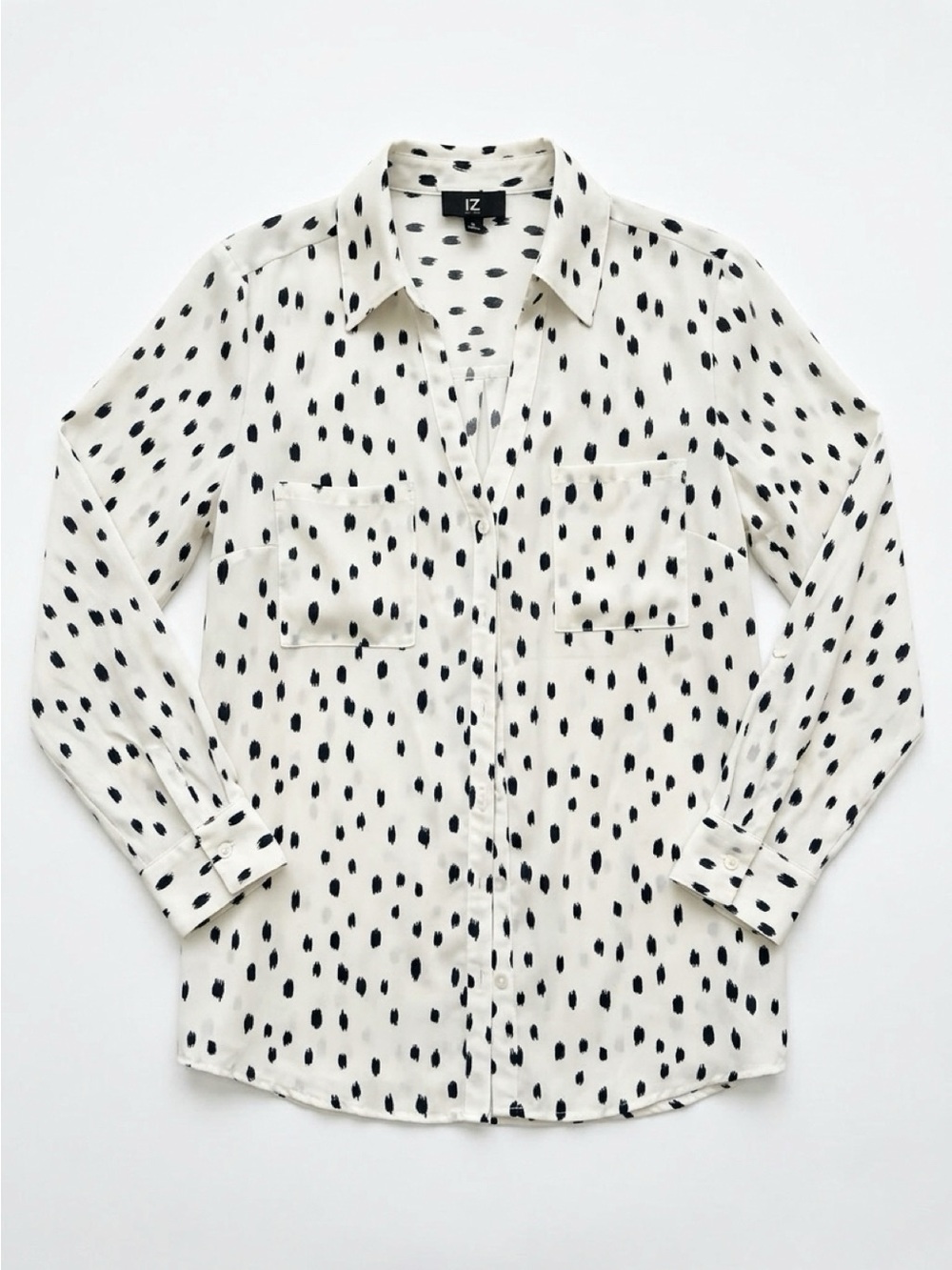 Iz Byer Cream Long-Sleeve Button-Up Shirt with Black Dot Print